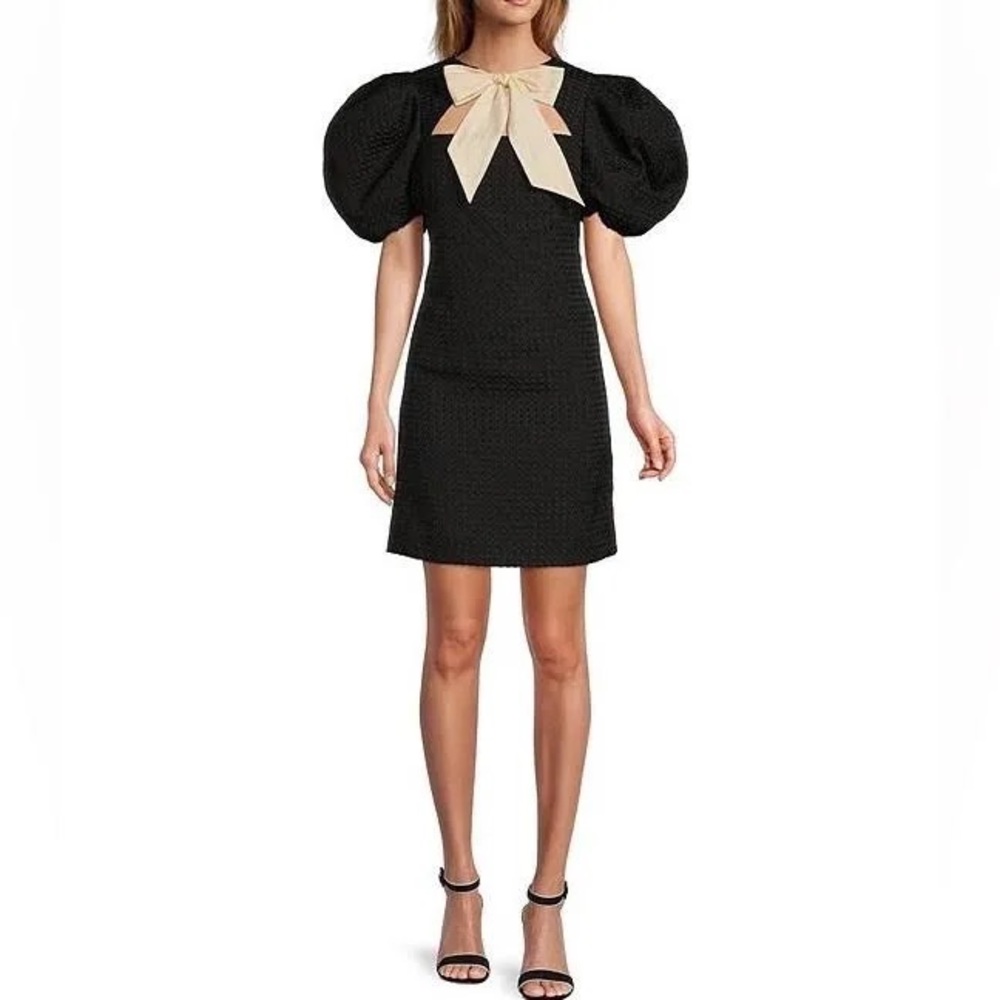 Antonio Melani Black Textured Fabric Puff Sleeve Tie Bow Neckline Deess